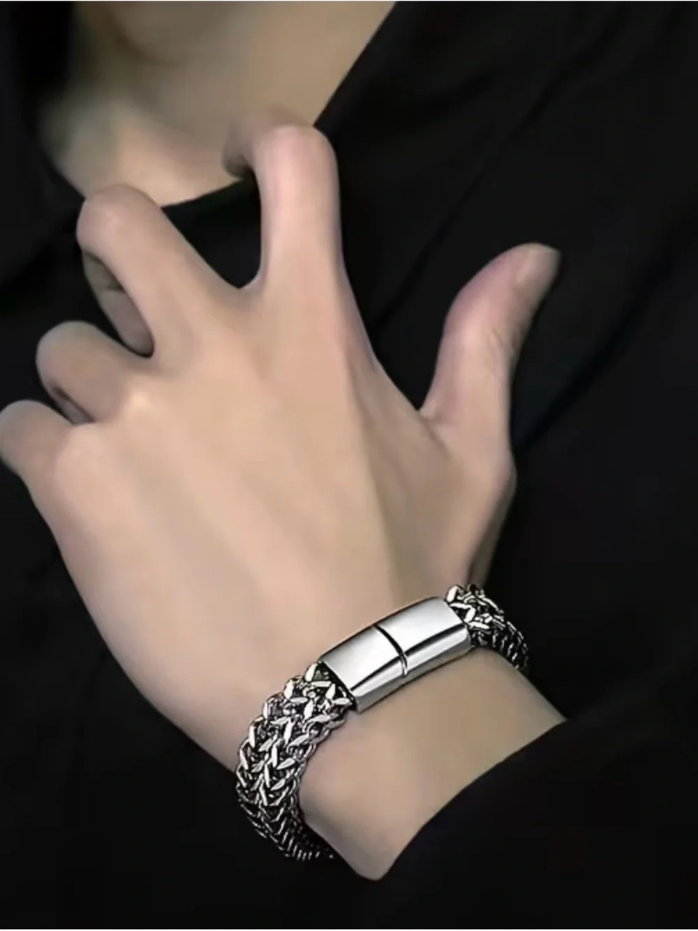 Men’s Sterling-Look Double Strand Chain Bracelet in Shiny Silver
